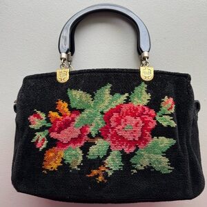 1970-1980 Feiler Made in Germany Black Floral Handbag